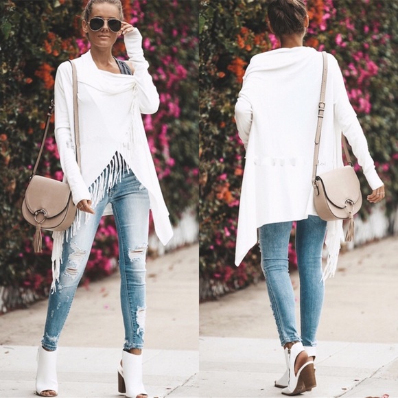 Fringe Trim Cowl Neck Wrap Style Sweater Ivory - Picture 6 of 7